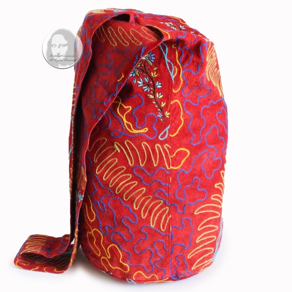 OMO Norma Kamali Bag Giant Feedbag Crossbody Extra Large Suede Embroidery Rare - Picture 5 of 15